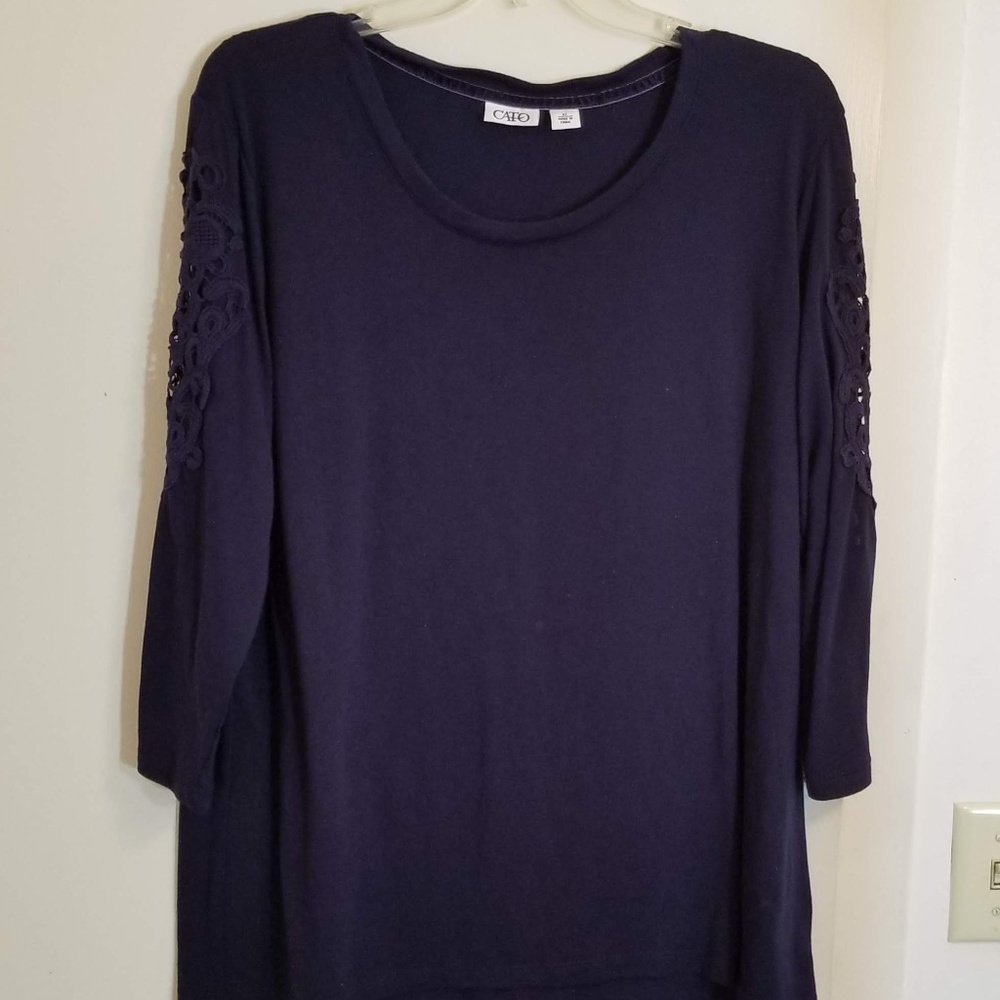 Blue cotton top with lacey sleeves